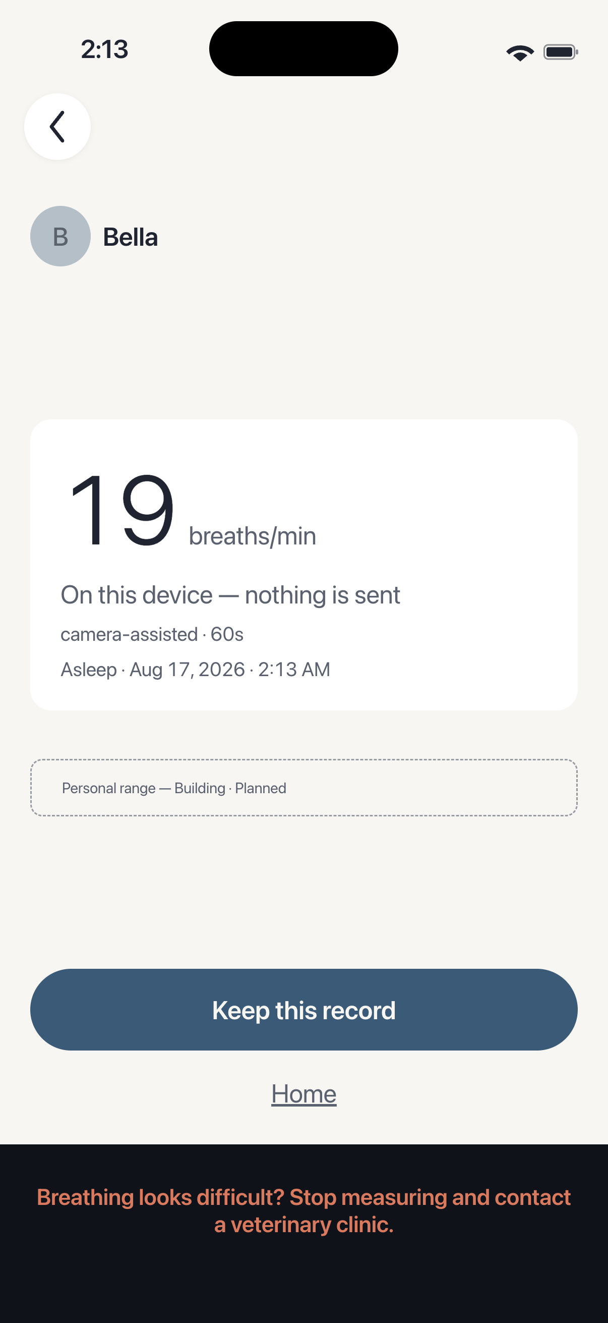 RestCount saved result screen showing 19 breaths per minute.