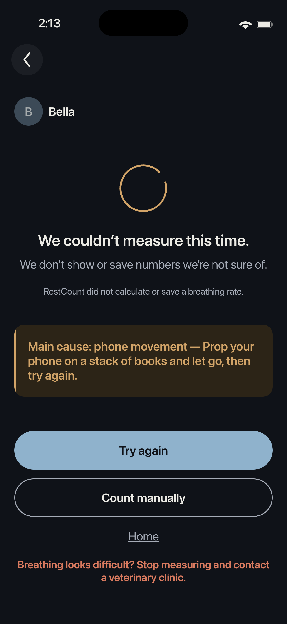 RestCount refusal screen showing that phone movement prevented a breathing-rate result.